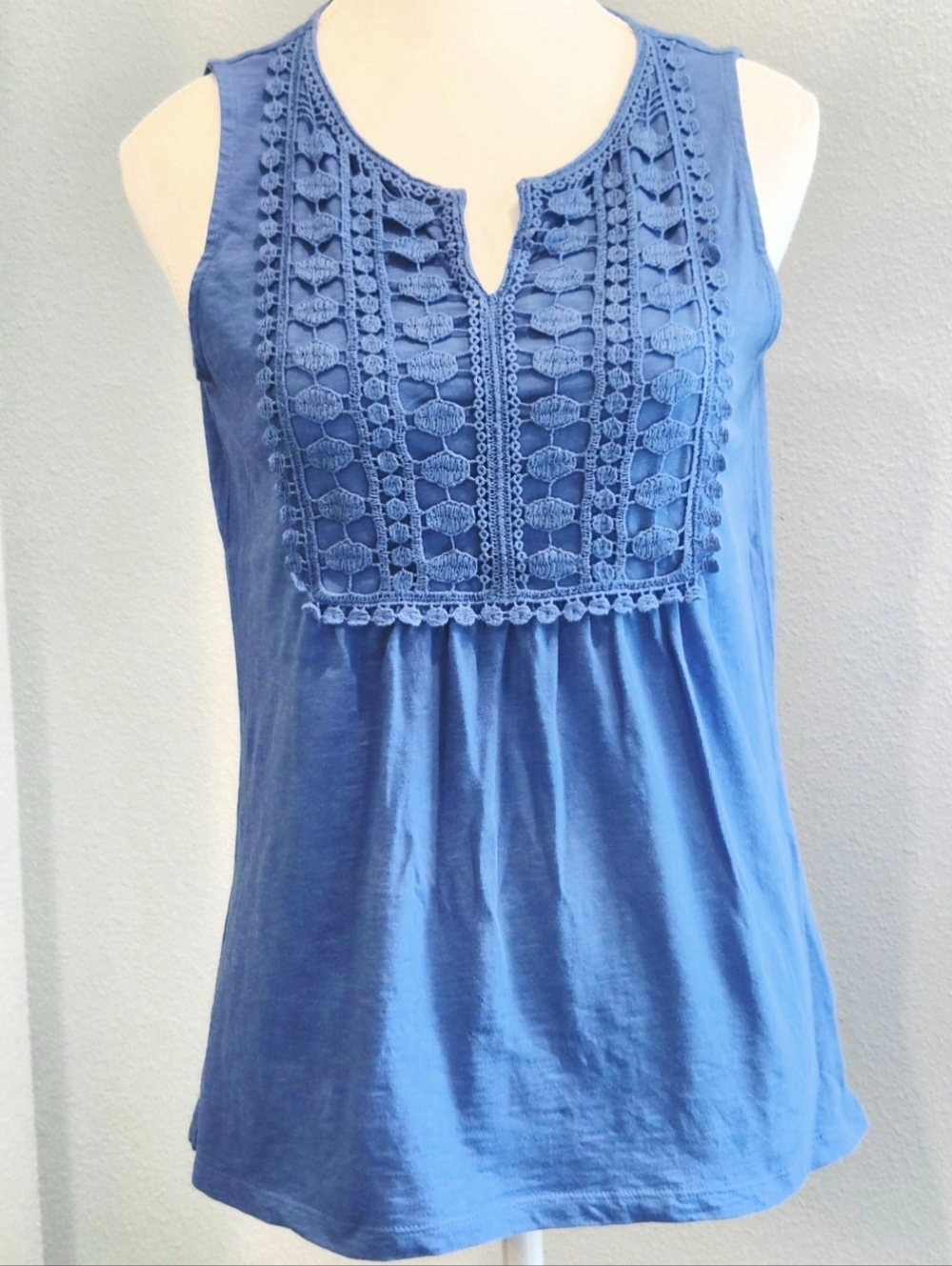 Talbots Petite Small Blue Crochet Lace Cotton Top Sleeveless Boho Summer